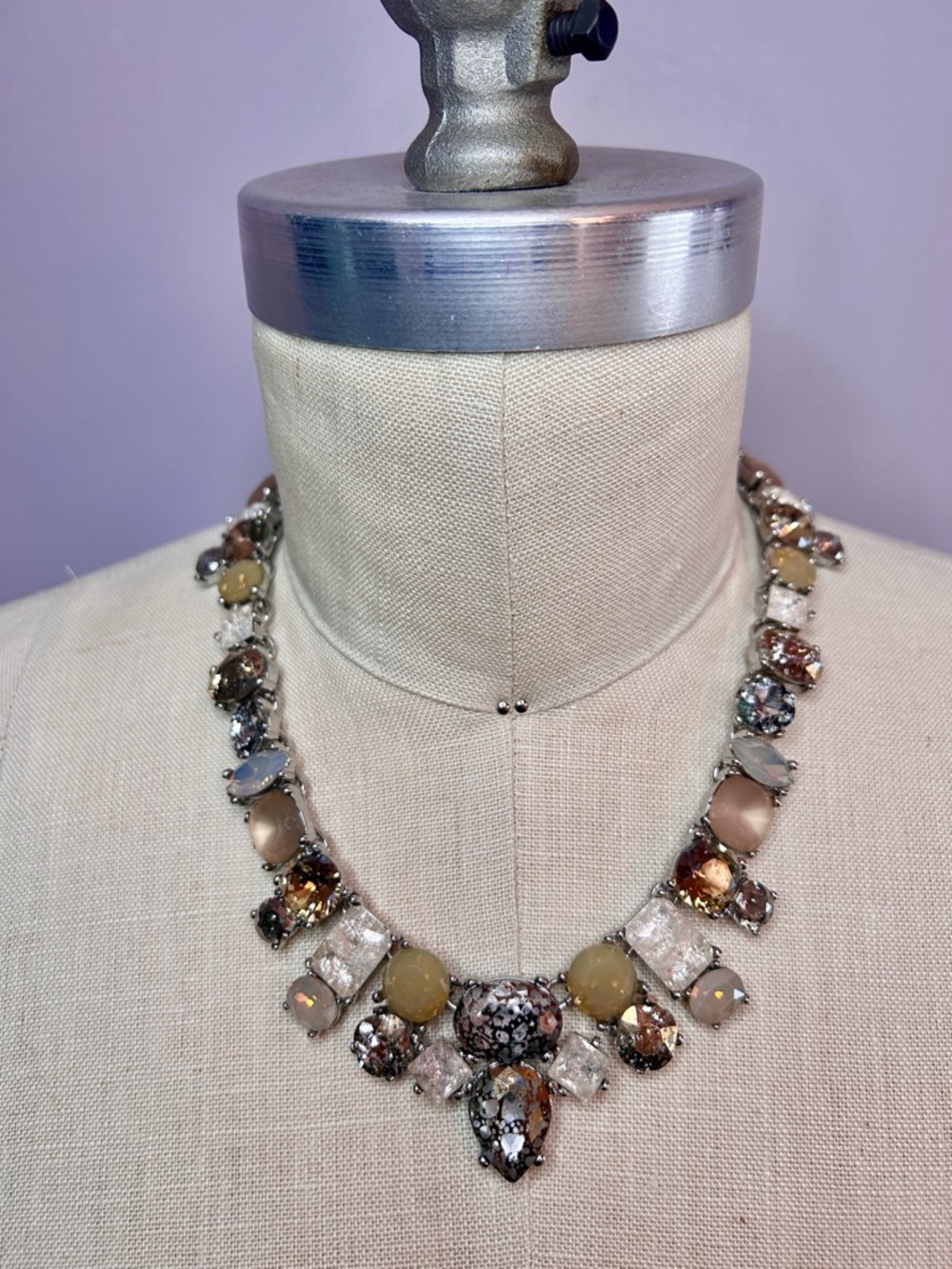 White House Black Market Statement Crystal and Gem Bib Necklace in Neutral Tones